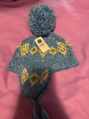 GAP Blue Knit Earflap Hat with Pom-Pom and Yellow Accents